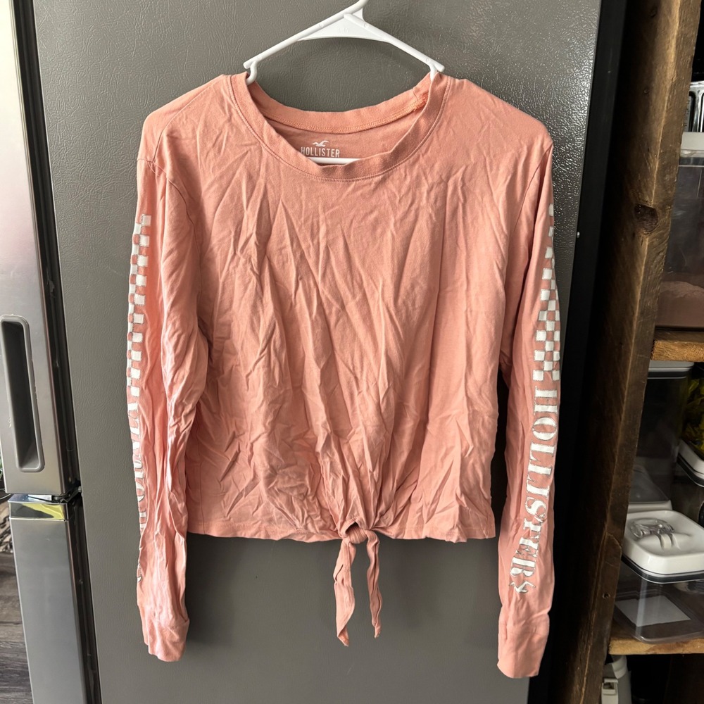 Hollister California Long Sleeve Tie Front Crop Top Peach Pink Graphic Small